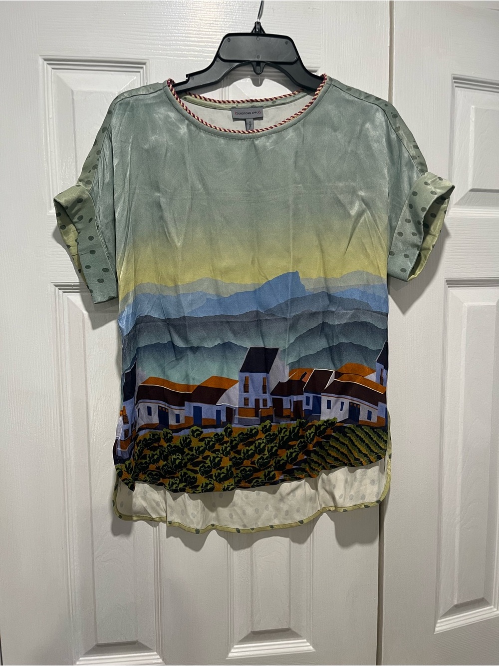 Anthropologie Scenic Village Print Short Sleeve Blouse - Sage Green